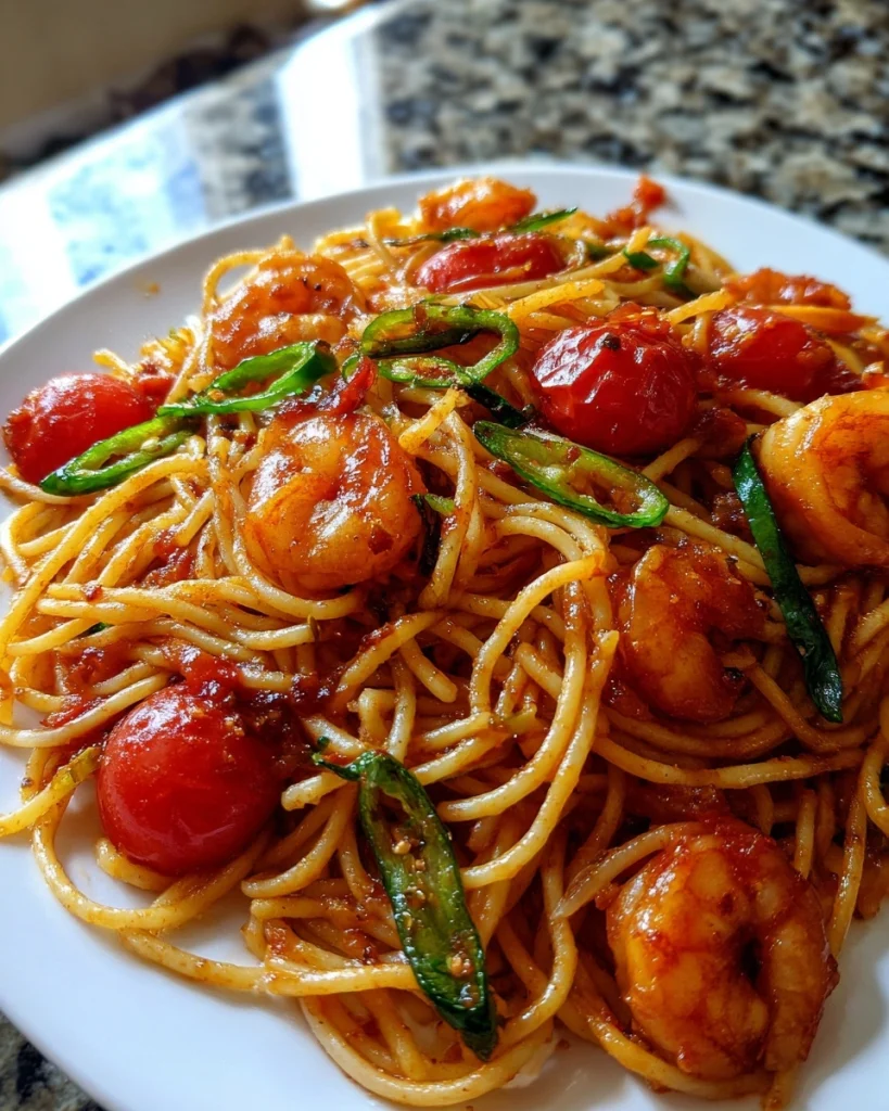 Pittige pasta met tomaat, garnalen en verse chili