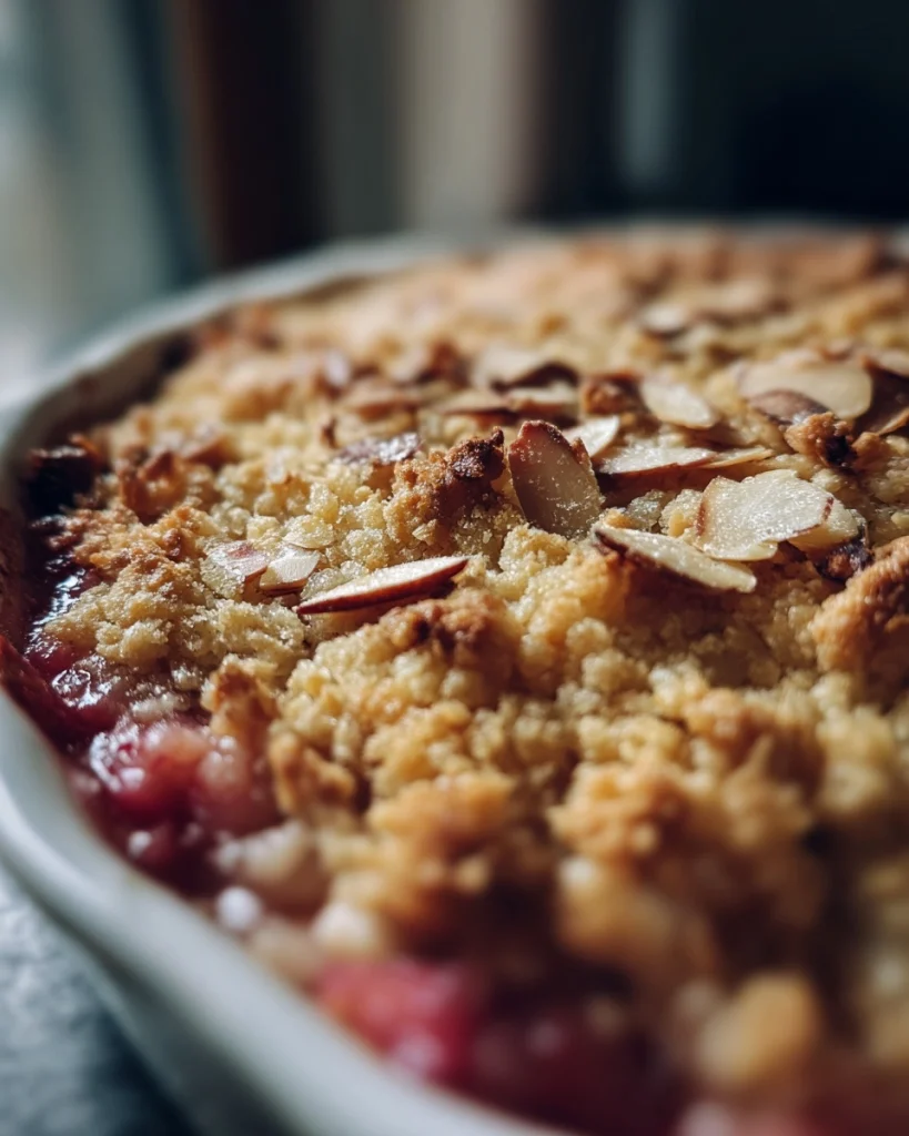 Rabarbercrumble met amandelschaafsel
