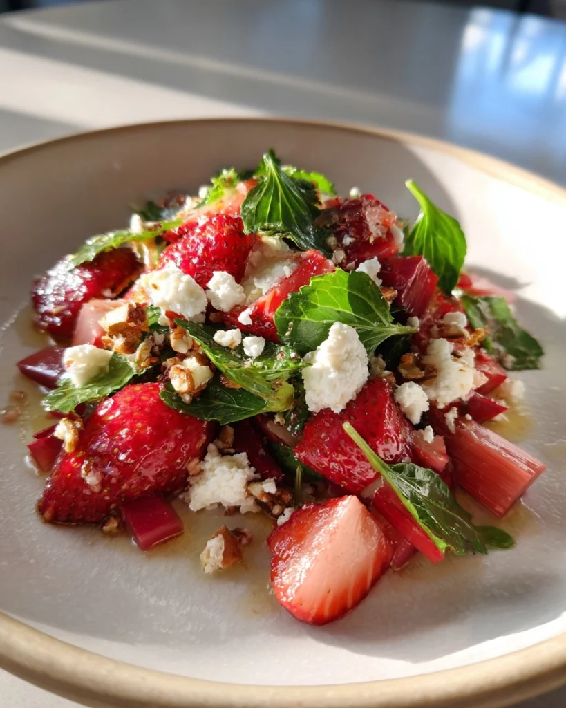 Salade met rabarber, aardbei en geitenkaas