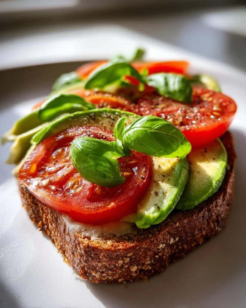 Volkorenbrood met avocado, tomaat en basilicum