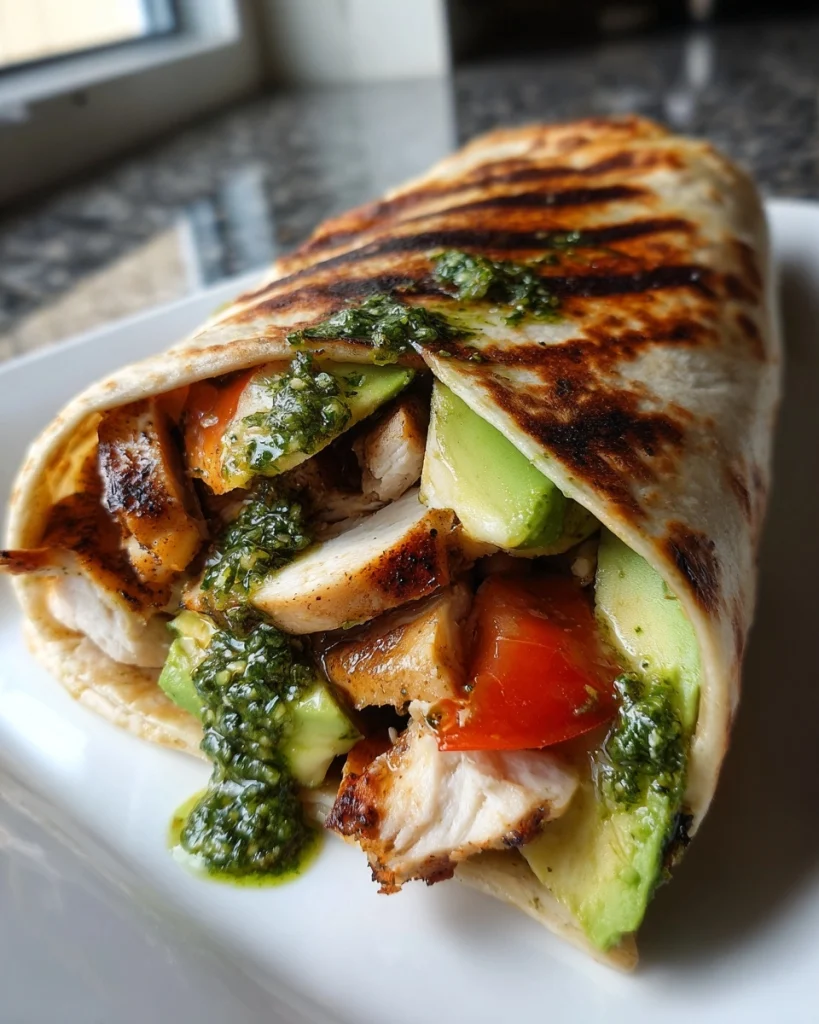 Wrap met gegrilde kip, avocado en pestosaus