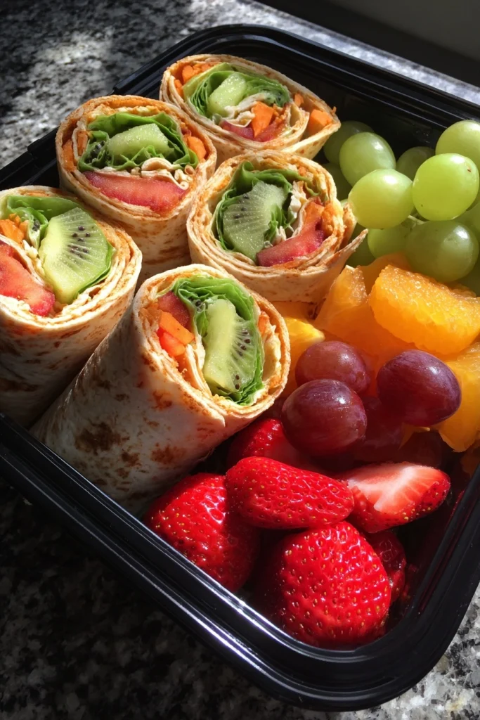 Lunch box met wraps en fruit