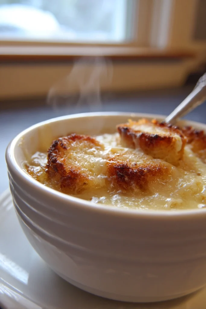 Uiensoep met kaascroutons
