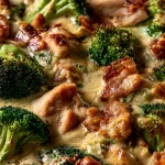 Broccoli-ovenschotel met gerookte kip en bacon-ui saus is heerlijk!
