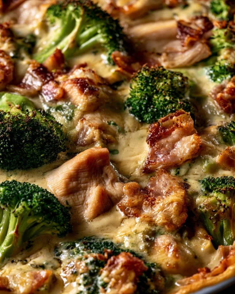 BROCCOLI-OVENSCHOTEL MET GEROOKTE KIP EN BACON-UI SAUS
