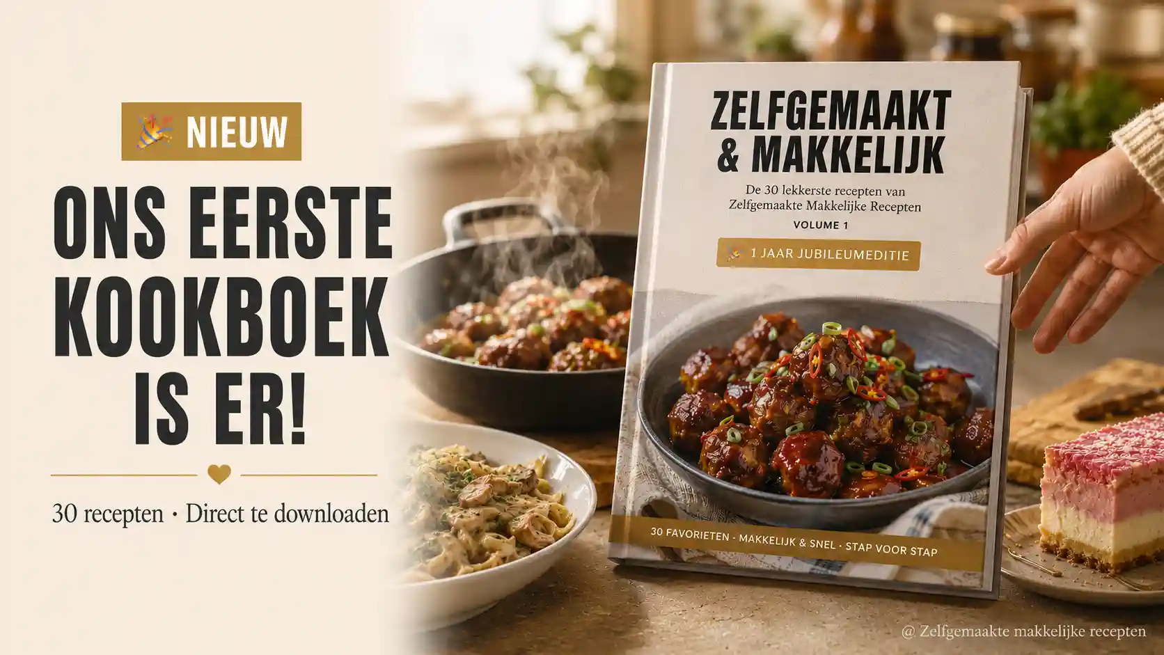 Ons eerste kookboek is er! Als je 30 bewezen recepten, één PDF en vijf minuten hebt, kun je het volgende verwachten: een jaar vol makkelijke, zelfgemaakte maaltijden.