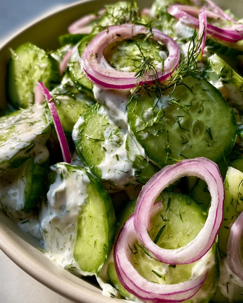 Komkommersalade met Zure Room, Dille en Rode Ui