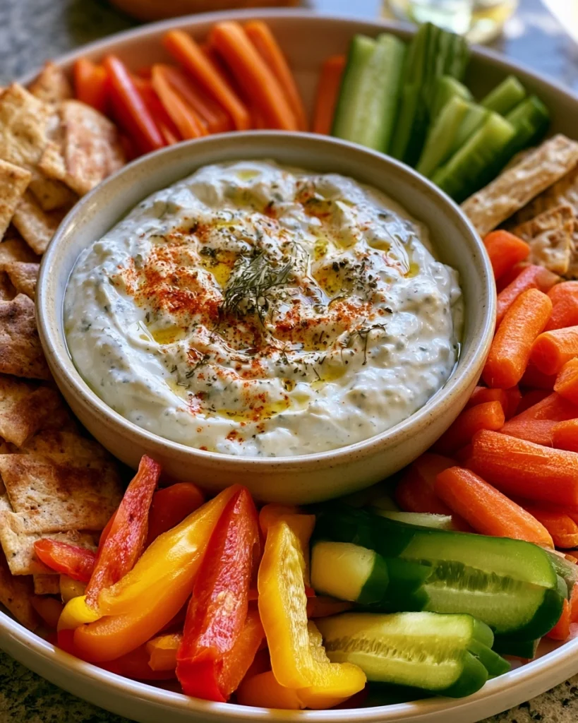 Romige Feta-Yoghurtdip met Groenten en Crackers