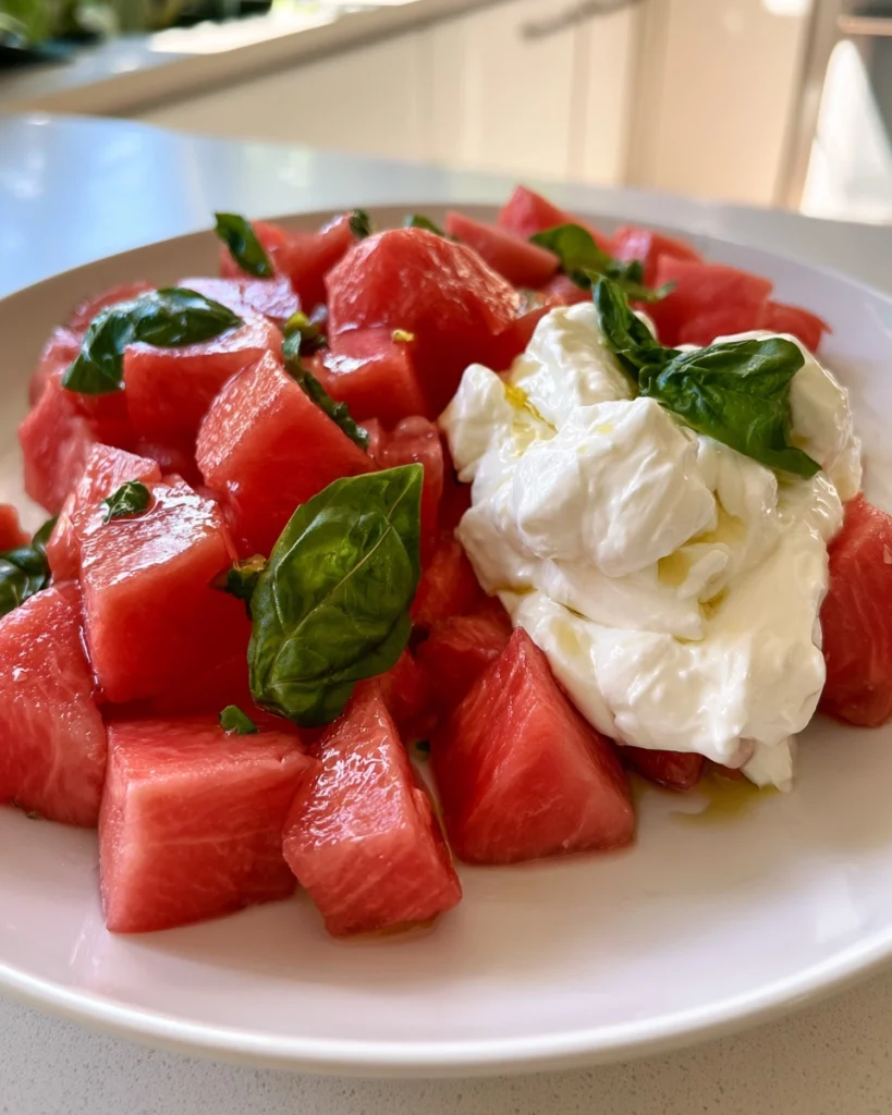 Watermeloensalade met Burrata en Basilicum